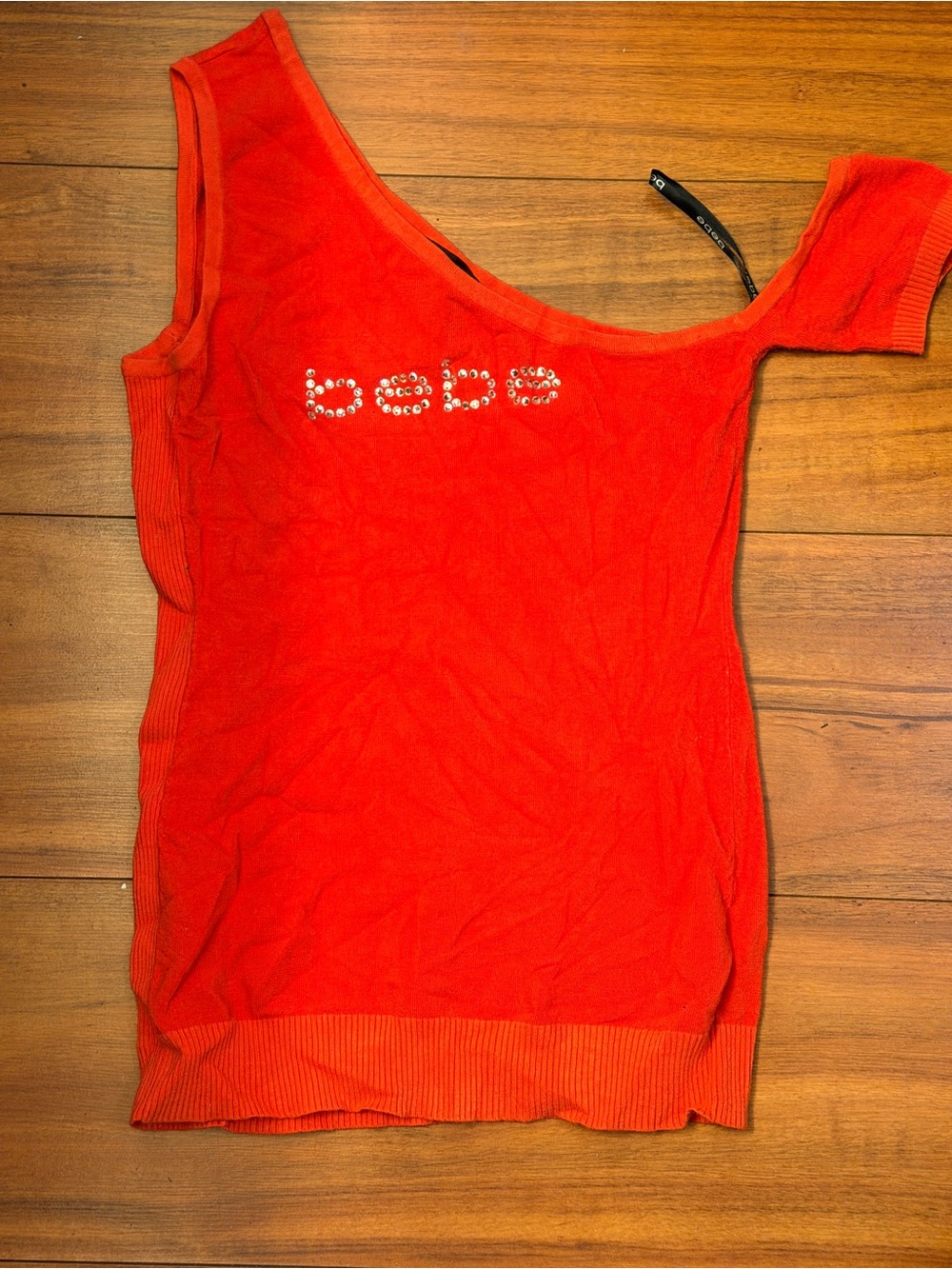 bebe Red One-Shoulder Rhinestone Logo Tank - Picture 2 of 4